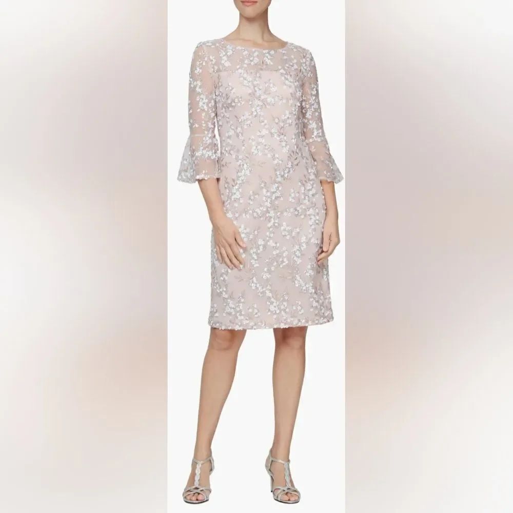 Alex Evenings Floral Embroidered Sequin Sheath Dress NWT size 12 Pink and white